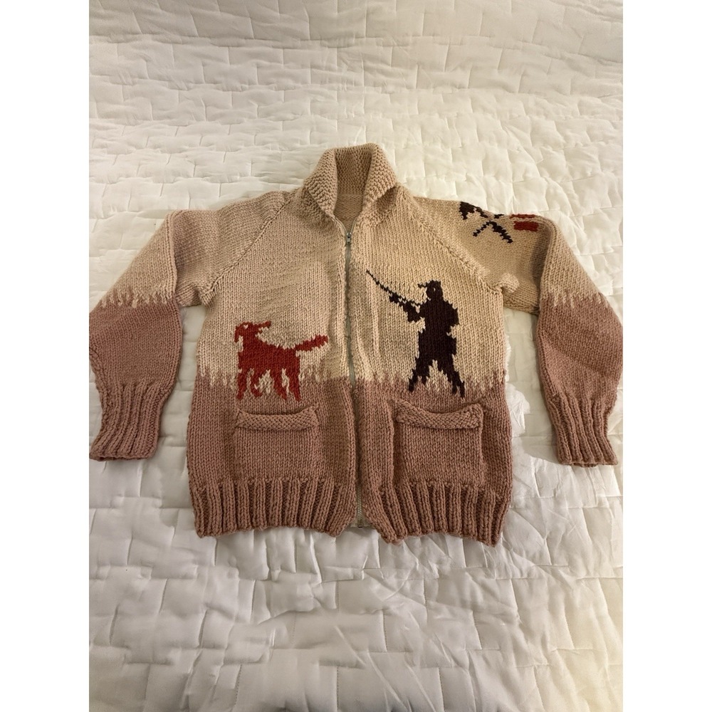 Vintage Rare Mens XL hand knit Cowichan Zip Up sweater with Pheasants and Hunter
